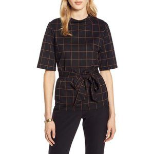 Halogen Windowpane Pattern Tie Waist Top